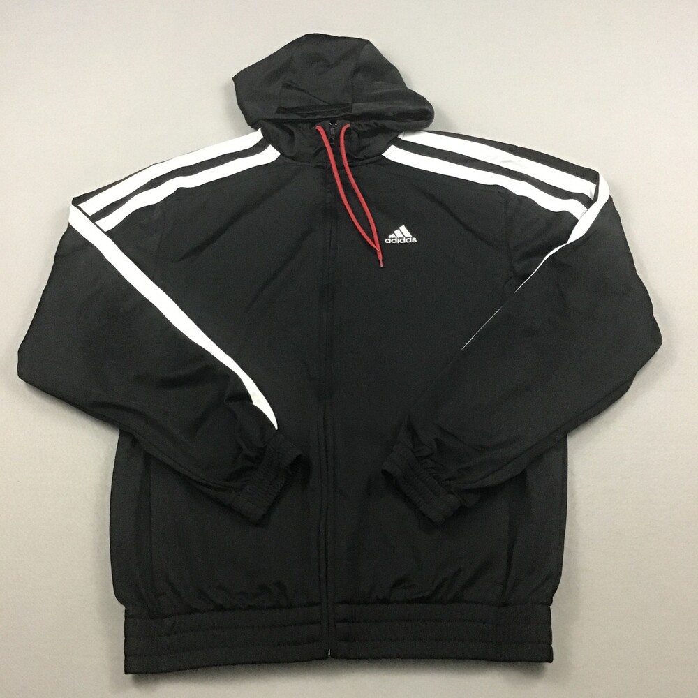 Adidas Track Jacket Men Medium Black White Full Zip Windbreaker 3 Stripes Hood *